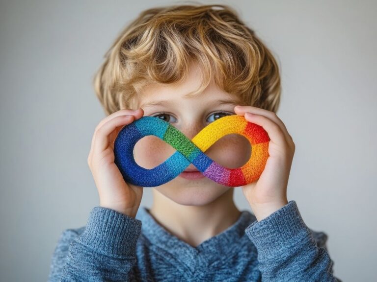 Jeune garçon tenant un symbole de l'infini coloré devant ses yeux, représentant la neurodiversité et le spectre de l'autisme.