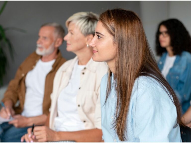 Adultes et parents aidants attentifs lors d'une session sur les formations pour particuliers sur la neurodiversité avec Harmonie Apprentissage sur le secteur Metz, Thionville et Luxembourg.