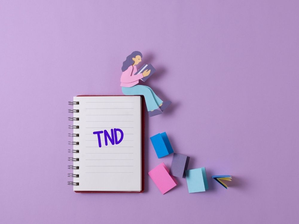 Vue de dessus d'un carnet avec l'acronyme TND et un personnage qui lit différents papiers  pour les troubles du neurodéveloppement