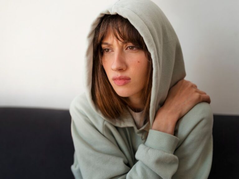 Jeune femme qui pense avec un sweat à capuche illustrant le besoin d'un suivi pour adultes. Page suivi adultes
