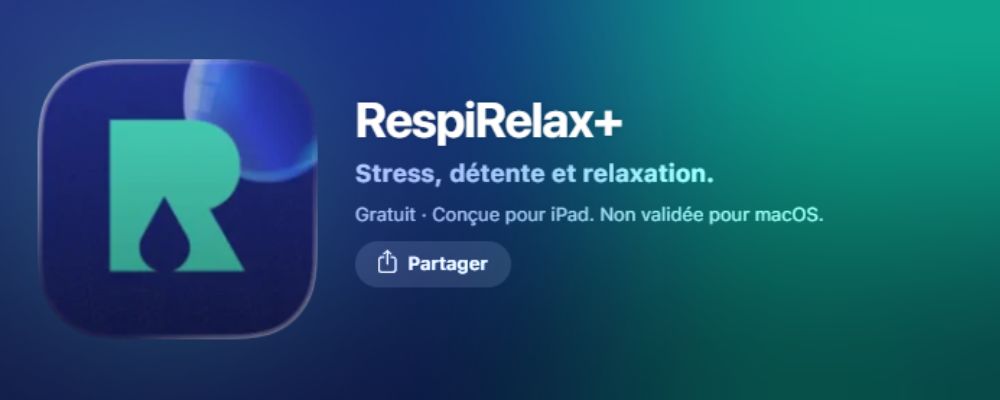 Bannière promotionnelle de l'application Respirelax+, montrant le logo « R » et le texte sur fond bleu-vert.