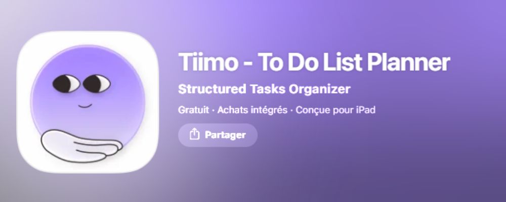 Logo et bannière de l'application Tiimo - To Do List Planner sur fond violet.