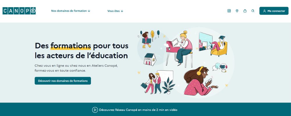 Bannière du site Réseau Canopé indiquant « Des formations pour tous les acteurs de l'éducation » avec des illustrations de personnes en apprentissage.