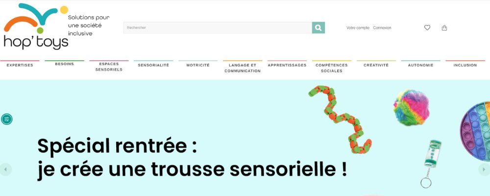Bannière du site Hop'Toys avec le slogan « Spécial rentrée : je crée une trousse sensorielle ! » sur fond clair.