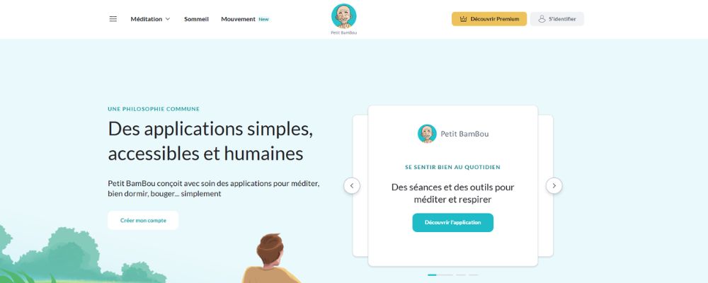 Capture d'écran de la page d'accueil de l'application Petit BamBou, avec le slogan « Des applications simples, accessibles et humaines » sur fond vert clair et bleu.