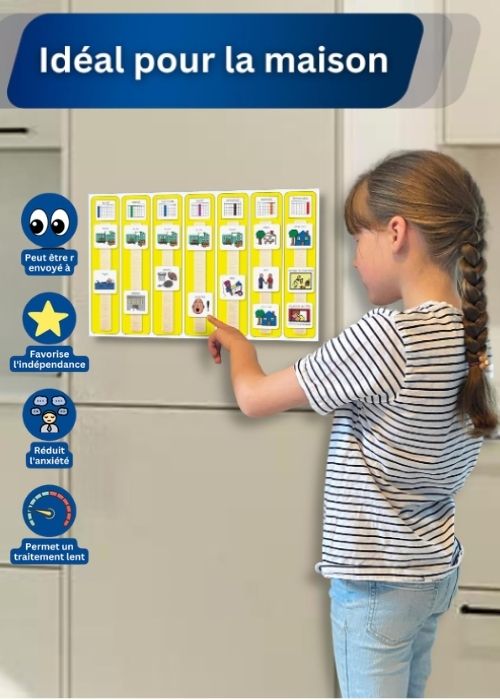 Une jeune fille met en place un planning hebdomadaire visuel jaune sur un tableau magnétique blanc.