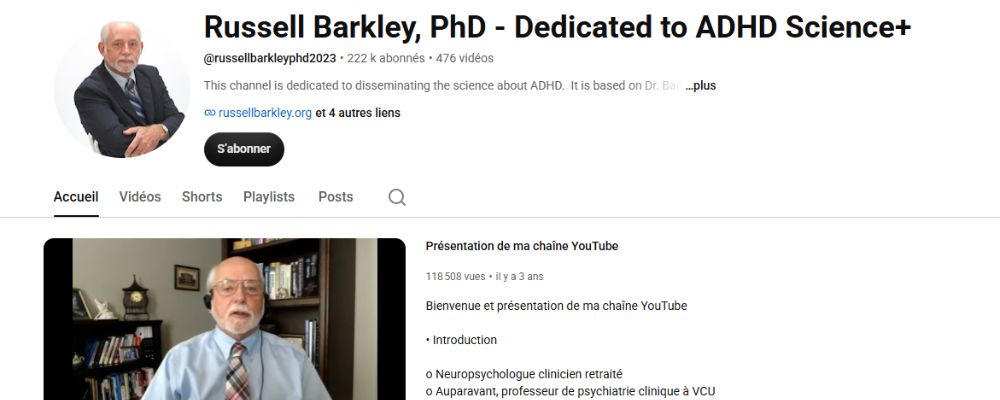 Capture d'écran de la chaîne YouTube du Dr Russell Barkley dédiée à la science du TDAH