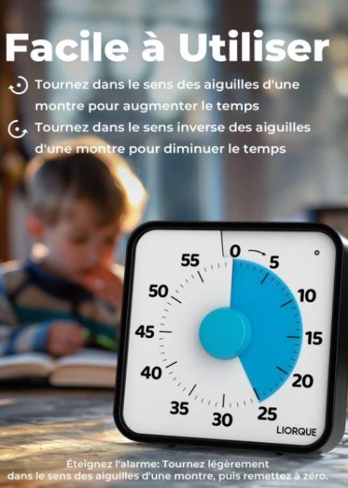 Timer visuel carré avec disque bleu indiquant le temps restant, posé sur une table devant un enfant qui étudie.